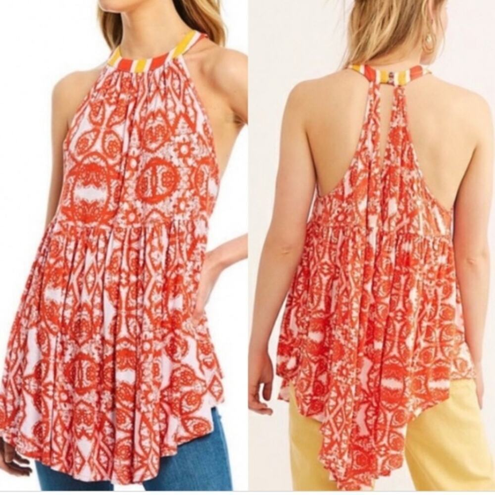 FREE PEOPLE LINEN ORANGE HALTER TUNIC SIZE SMALL
